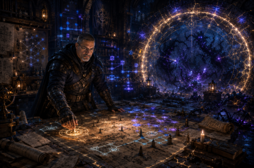 Cinematic D&D-inspired fantasy scene featuring Frank Jamison as a seasoned bug hunter and veteran engineer inside an ancient underground command chamber. Frank stands in dark adventuring gear over a massive glowing stone war table covered in illuminated maps, architectural diagrams, scrolls, and rune-like symbols resembling software systems, tests, and monitoring pathways. He carefully activates glowing magical wards while reinforcing a fractured containment barrier trapping shadowy corrupted creatures in the background. The chamber blends a wizard’s sanctum and incident-response war room, filled with lanterns, tomes, magical instrumentation, and faint mist. Deep blue, violet, ember, and golden lighting create a mood of vigilance and recovery after battle, symbolizing software protection and preventing bugs from returning.