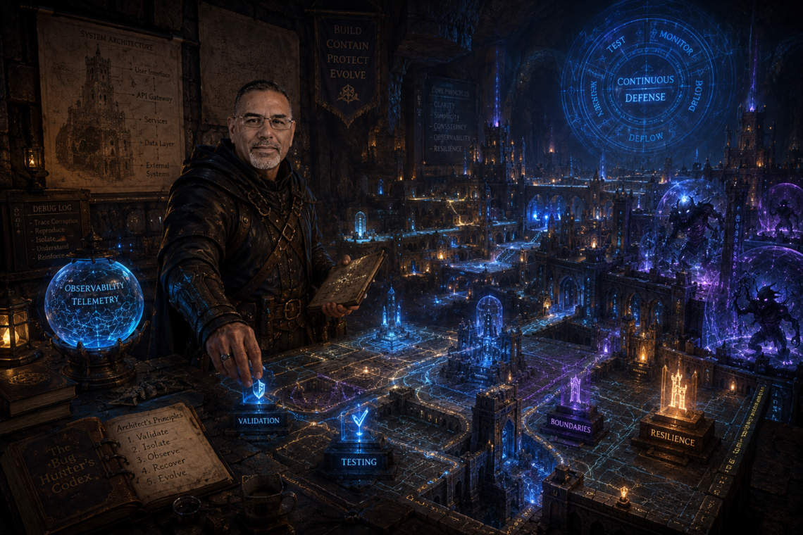 Cinematic D&D-inspired digital artwork featuring Frank Jamison as a seasoned bug hunter turned master architect-engineer standing inside a vast underground guild fortress. Wearing practical dark adventuring gear, Frank stands over a massive glowing stone planning platform, placing luminous architectural runes into an intricate magical fortress under construction. Around him are glowing ward systems representing validation and testing, magical roadways symbolizing software boundaries, floating diagrams, observability crystals projecting system maps, and shadowy corrupted creatures trapped behind reinforced magical barriers. Ancient stone walls, enchanted blueprints, debugging notes, and layered defenses create a thoughtful mentor-like atmosphere illuminated by deep blue, violet, ember, and gold light, with dark negative space framing the right side of the scene.