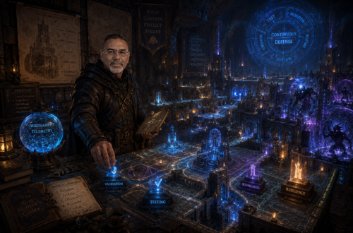 Cinematic D&D-inspired digital artwork featuring Frank Jamison as a seasoned bug hunter turned master architect-engineer standing inside a vast underground guild fortress. Wearing practical dark adventuring gear, Frank stands over a massive glowing stone planning platform, placing luminous architectural runes into an intricate magical fortress under construction. Around him are glowing ward systems representing validation and testing, magical roadways symbolizing software boundaries, floating diagrams, observability crystals projecting system maps, and shadowy corrupted creatures trapped behind reinforced magical barriers. Ancient stone walls, enchanted blueprints, debugging notes, and layered defenses create a thoughtful mentor-like atmosphere illuminated by deep blue, violet, ember, and gold light, with dark negative space framing the right side of the scene.